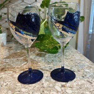 Hand painted Sail Fish gorgeous cobalt blue Wine Glasses